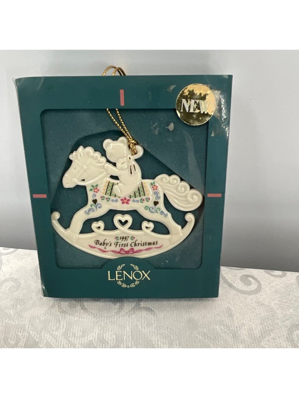 Lenox 1997 Babys First Christmas Rocking Horse Ornament Gold Accents Porcelain N